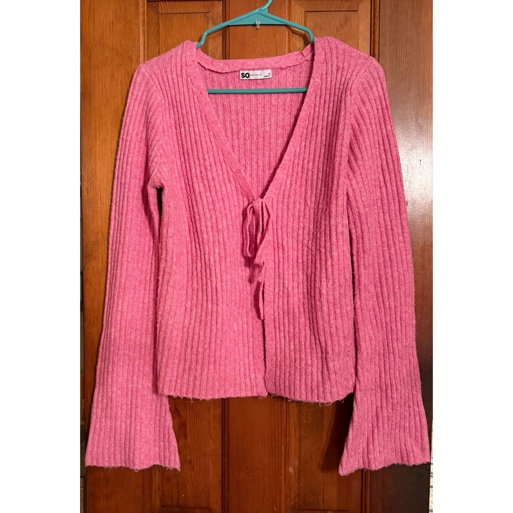 SO Pink Ribbed Tie Front Bell Sleeve Cardigan Sweater Medium
